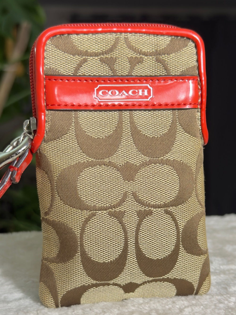 Y2K Coach Sutton Khaki Signature Canvas Vermillion Card Holder /Wristlet/ Wallet